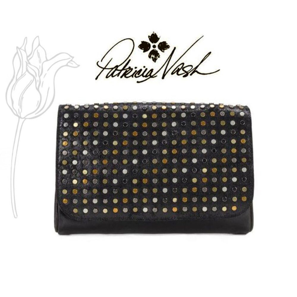 Patricia Nash Black Leather Studded Embellished Crossbody Luisa Flap Clu…